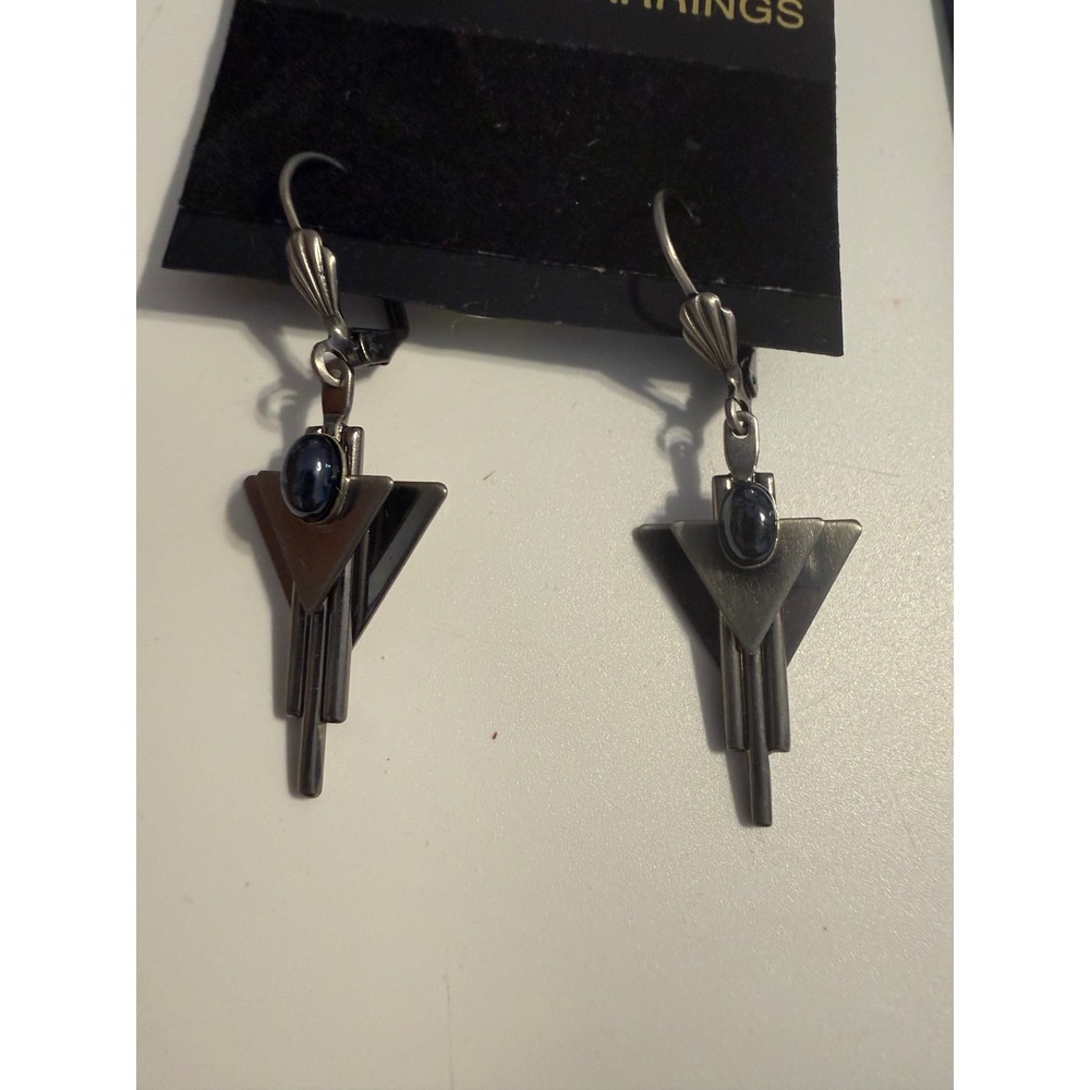 Gunmetal Art Deco Geometric Drop Earrings Blue Cabochon Lever Back 2 Inch
